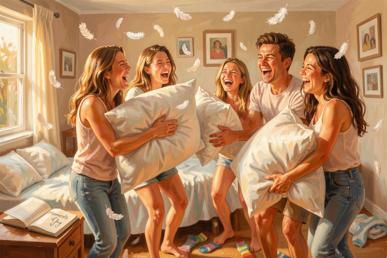 A group of friends have a joyful pillow fight in a sunlit bedroom, feathers drifting through the air around their laughing faces, a quiet warmth radiating from the interaction, grounded in small authentic details.