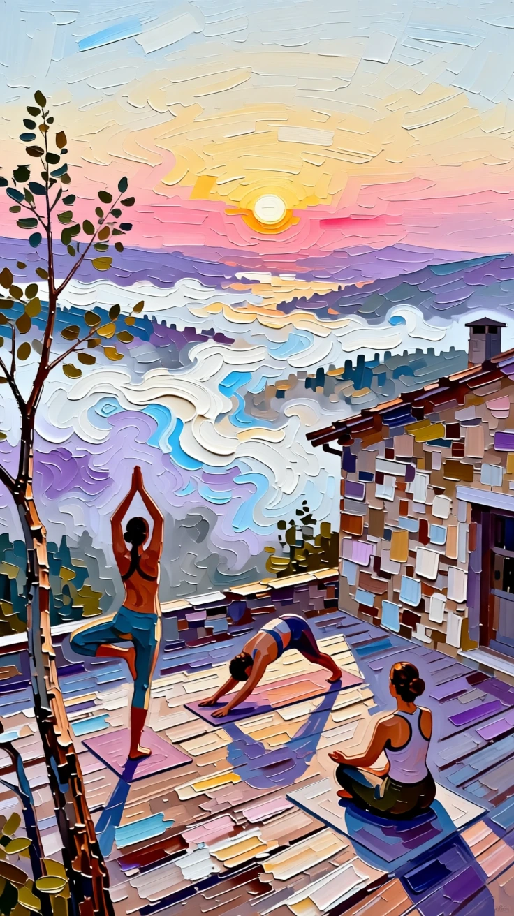 A quiet rooftop yoga session at sunrise overlooking a misty valley