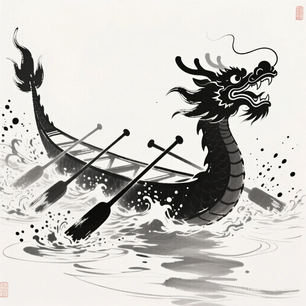A brightly painted dragon boat cuts through the water during a river race, as spray leaps from the oars with every stroke.