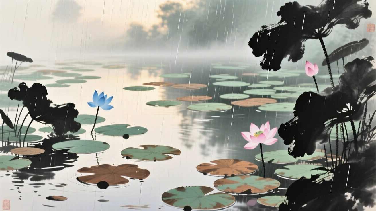 A tranquil garden pond dotted with lotus leaves, in the soft light of late afternoon, through a curtain of fine rain.