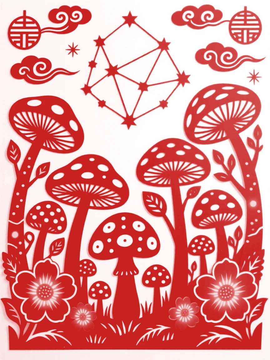 A forest of luminous mushrooms and glowing flowers beneath a sky filled with impossible constellations