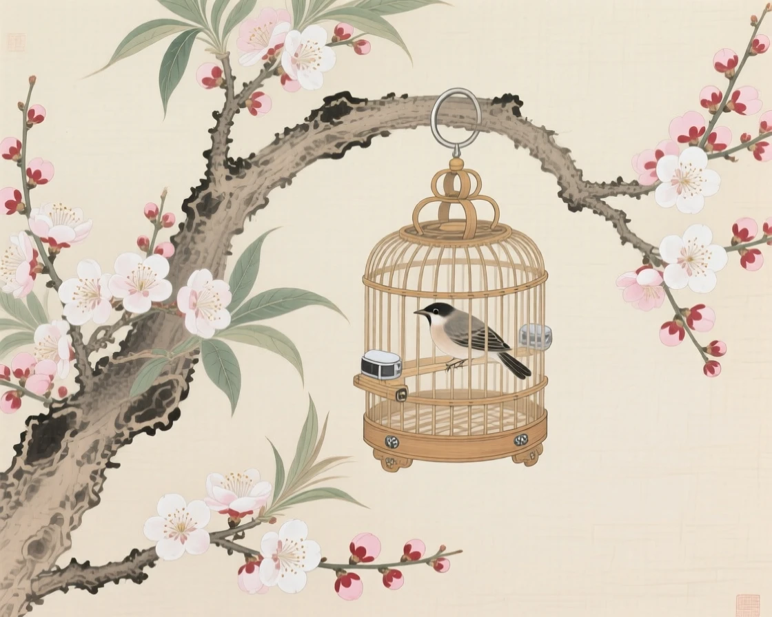 A small bird cage hanging beside a blooming plum branch