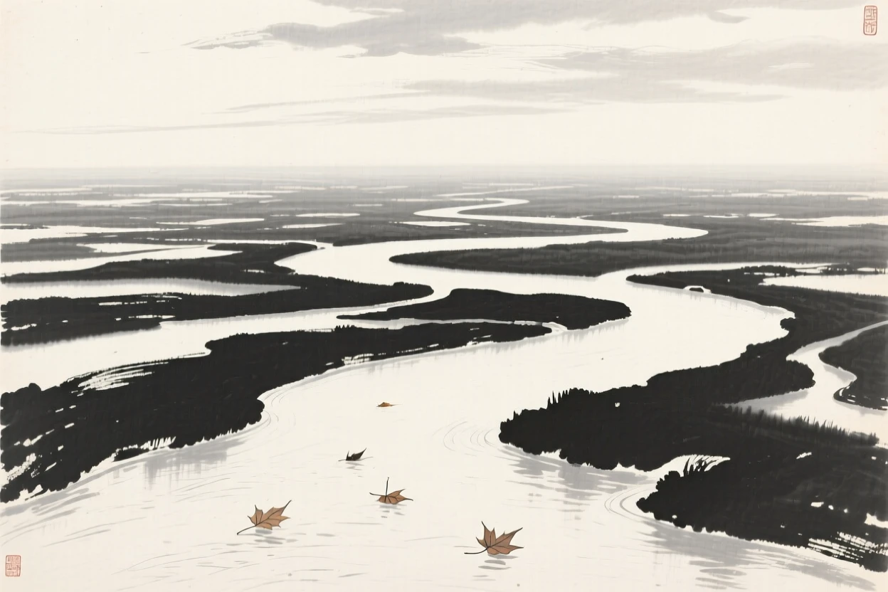 A wide river delta branching into countless quiet channels under a wide open sky scattered with drifting clouds, viewed from a high vantage point looking down across the whole scene, with a scattering of fallen leaves carried on the current, conveying calm reflection and gentle isolation.