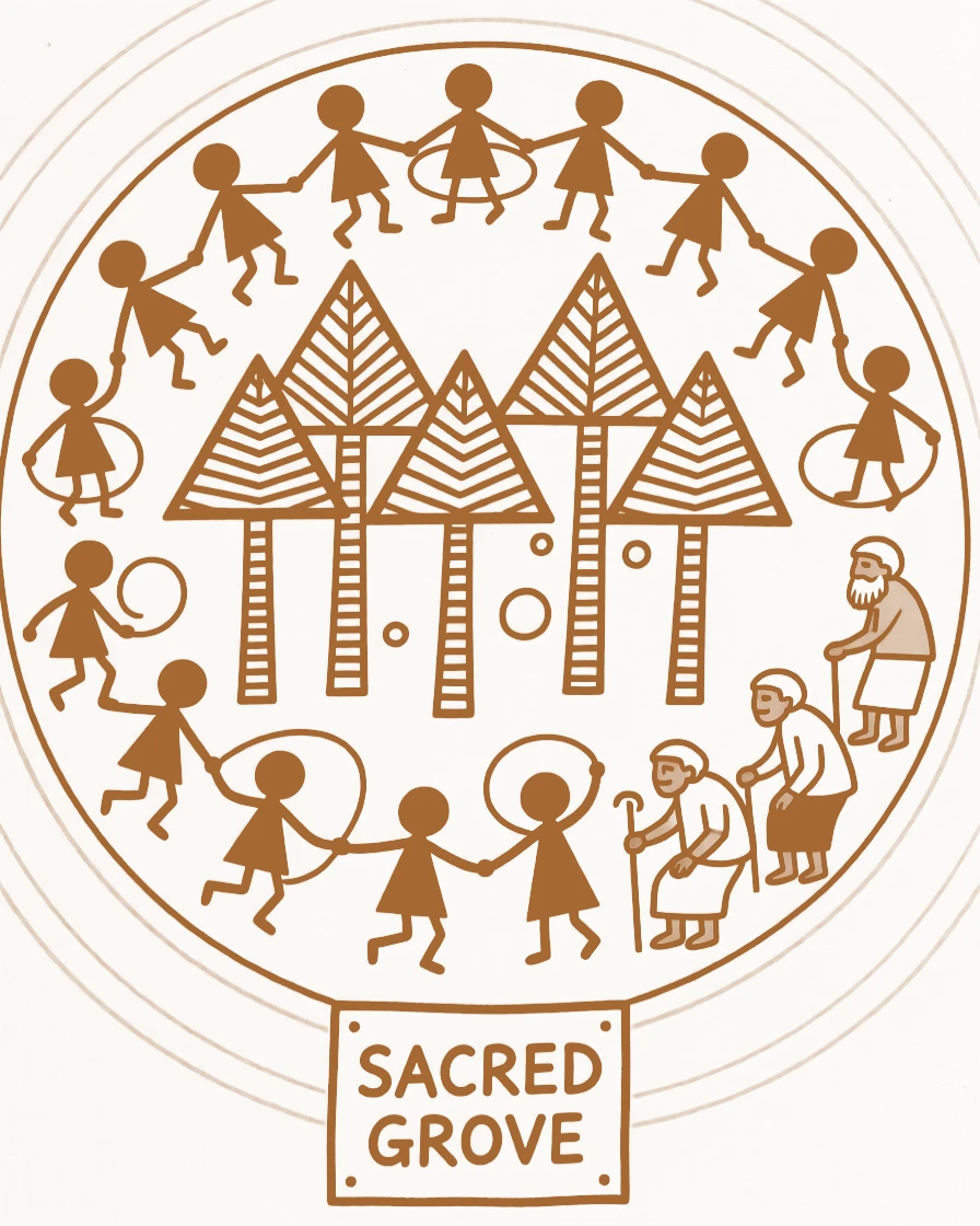 A composition centered on a sacred grove ringed by children playing and elders watching.