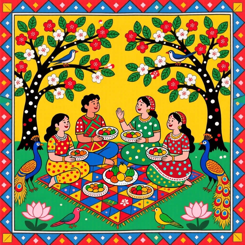 A group of friends sharing a picnic beneath a blossoming orchard.