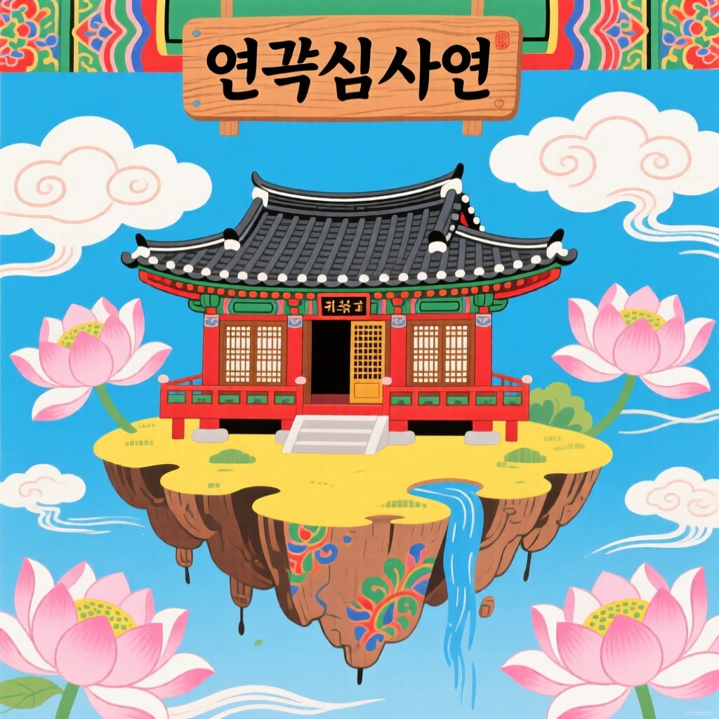 A floating island temple ringed by clouds shaped like blooming lotus flowers.