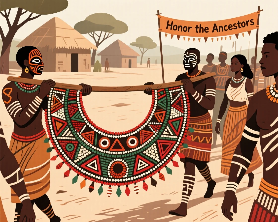 A beaded ceremonial collar carried in a ceremonial procession through the village.