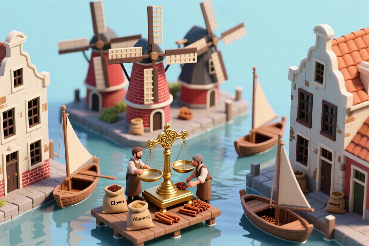 A colonial Dutch trading post with windmills, canal boats, and merchants weighing spices on a large brass scale.
