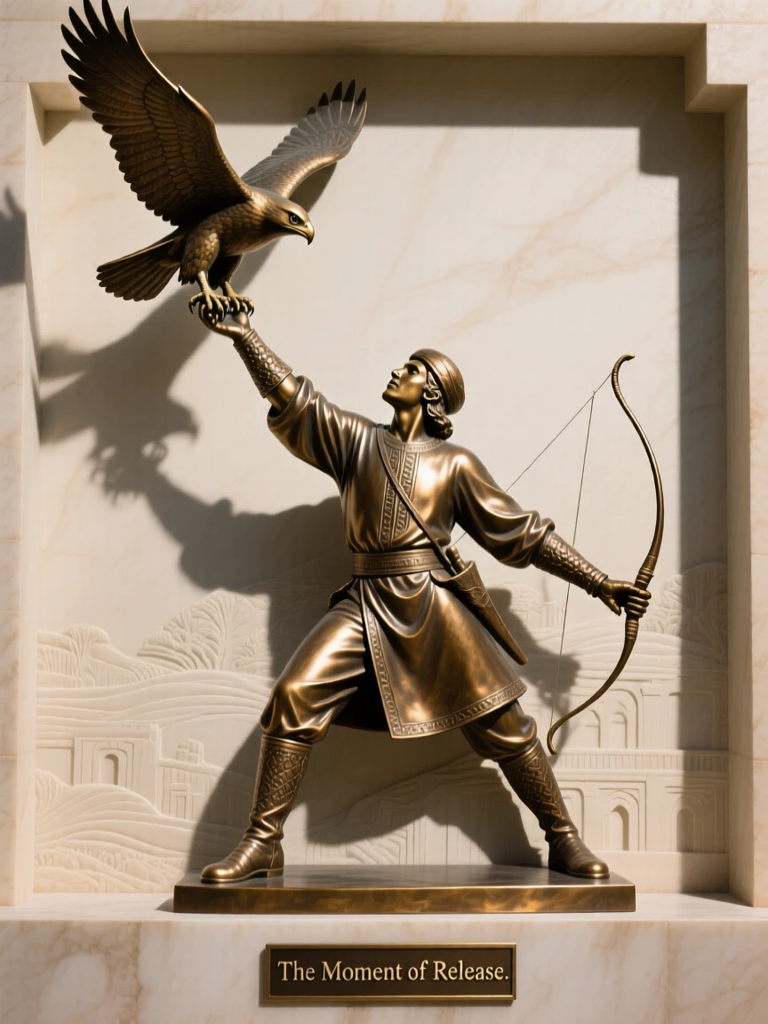 A falconer releasing his bird into flight, framed by soft, dramatic shadows, forming a strong central focal point