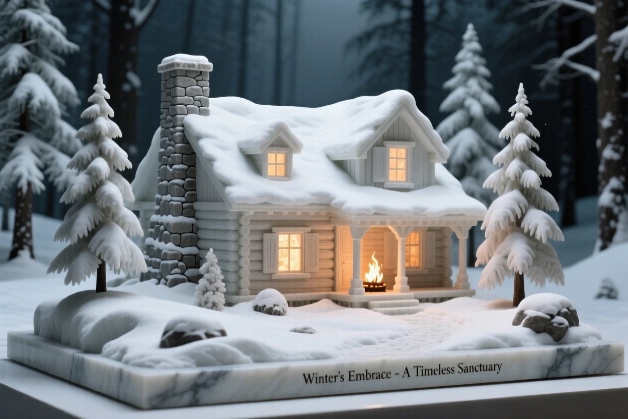 A beautifully composed image of a snow-covered cabin glowing with warm light, captured with cinematic depth and detail, full of atmosphere and visual storytelling