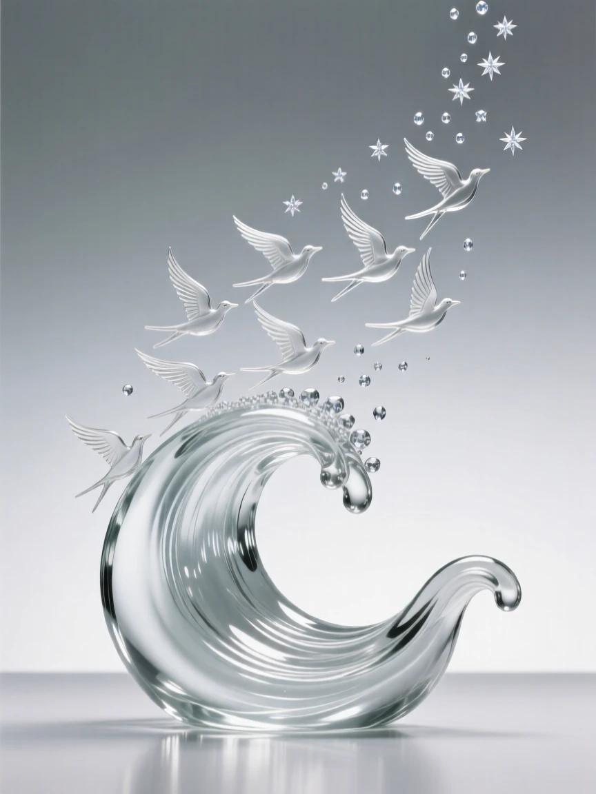 As light radiates outward in gentle waves, a wave transforming gradually into a flock of rising birds, while small particles drift upward like scattered stars
