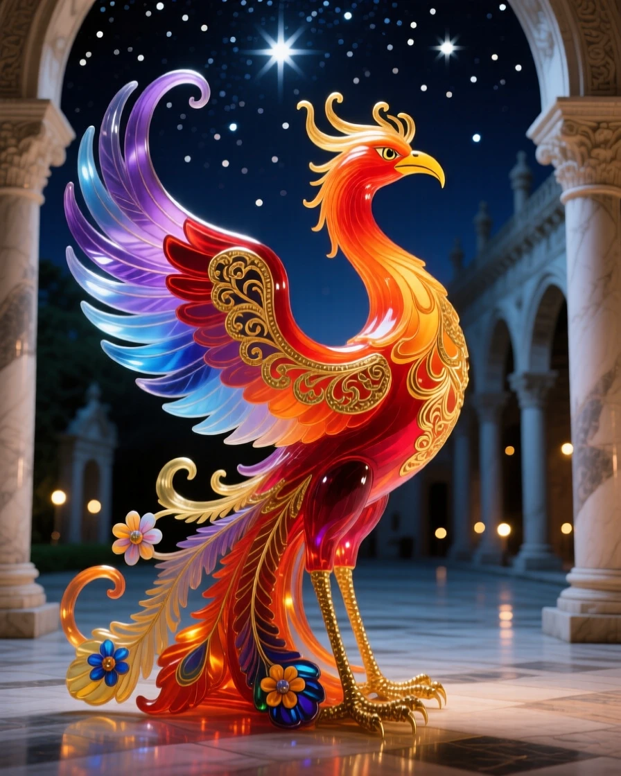 A grand phoenix statue glowing beneath a starlit temple courtyard at the deepest midnight, powerful and serene.