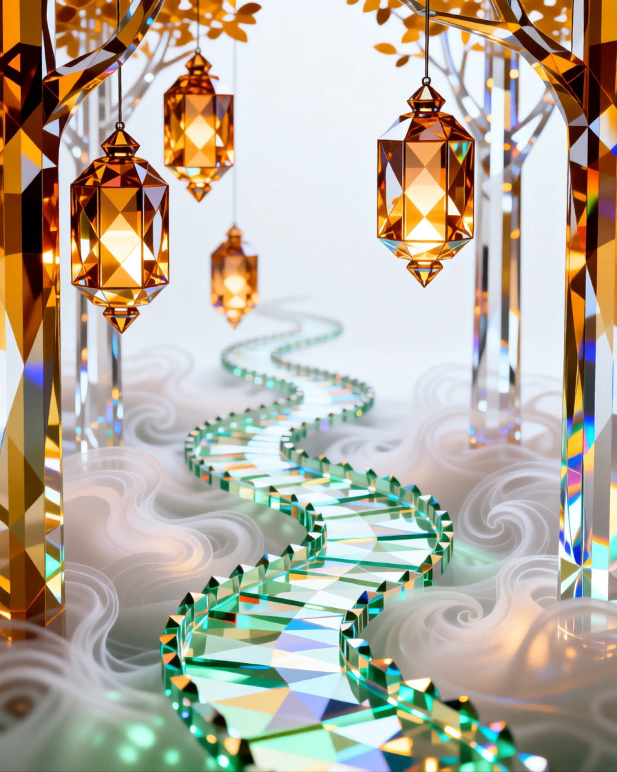 A dreamlike forest of floating lanterns illuminating a spiral path through mist.