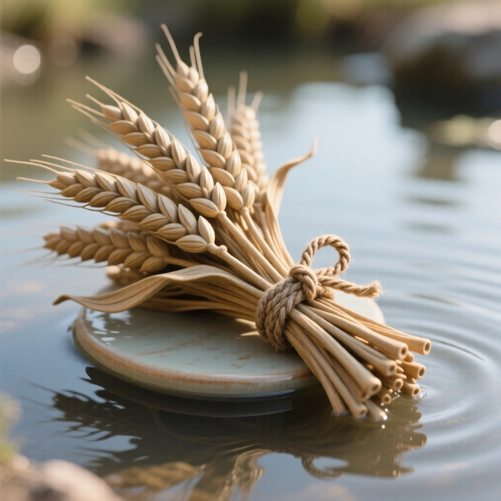 A bundle of dried wheat tied with twine resting delicately atop still water, bathed in soft, dappled morning light, conveying the quiet poetry of the natural world.