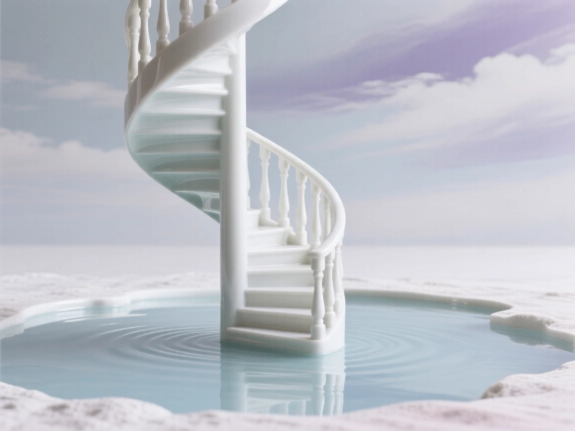 A surreal composition where a spiral staircase rises out of a still pond into the sky, rendered with quiet, elegant restraint.