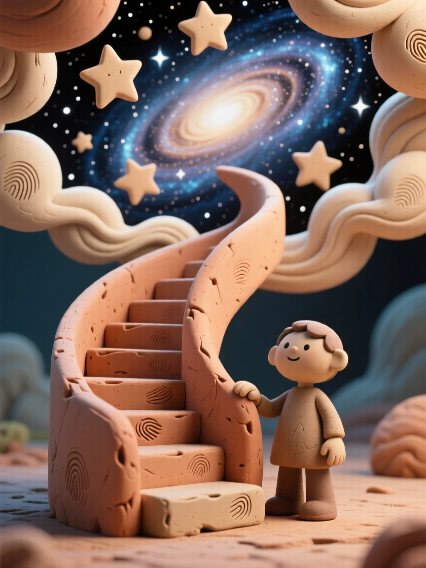 A staircase spiraling up into a swirling galaxy of stars
