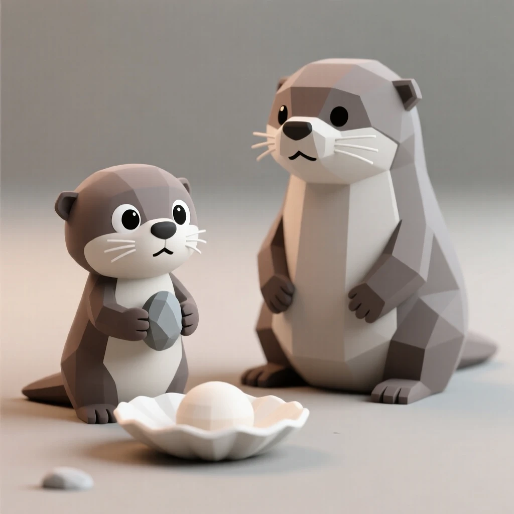 A curious baby otter learns to crack open a shell using a small pebble, watched closely by its mother.