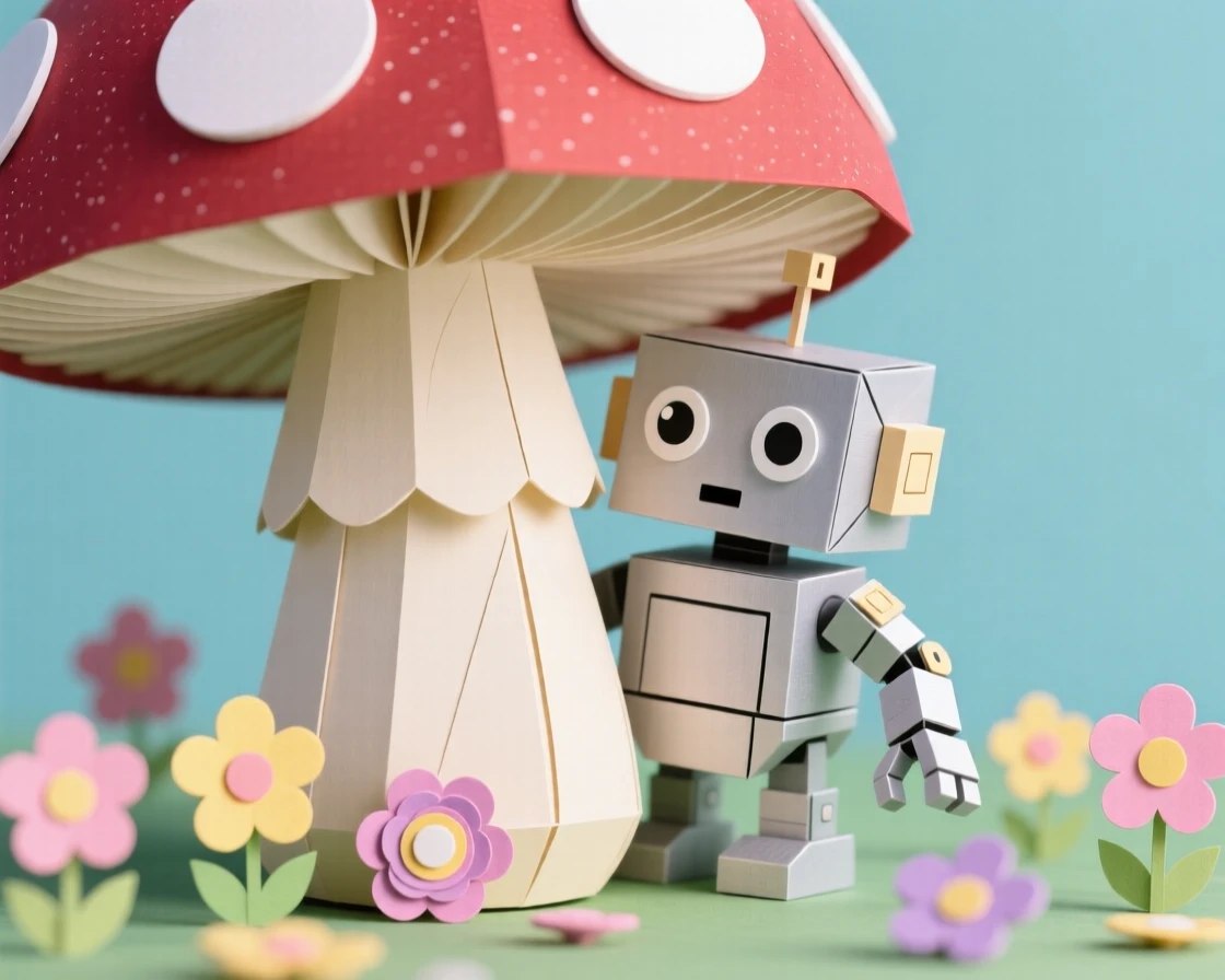 A curious little robot peeking out from behind a giant mushroom, with little flowers blooming in its wake, conveying playful, heartwarming delight.