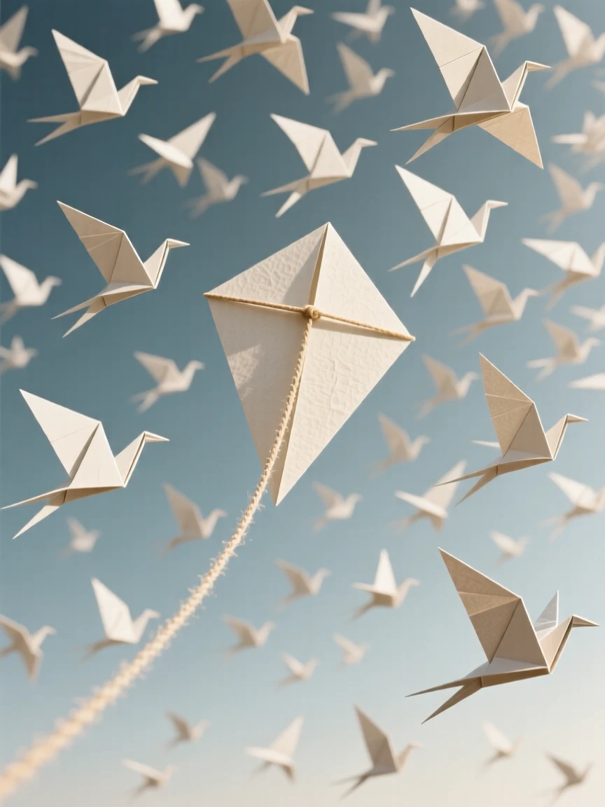 A single kite string leading up into a sky filled with an entire flock of paper birds.