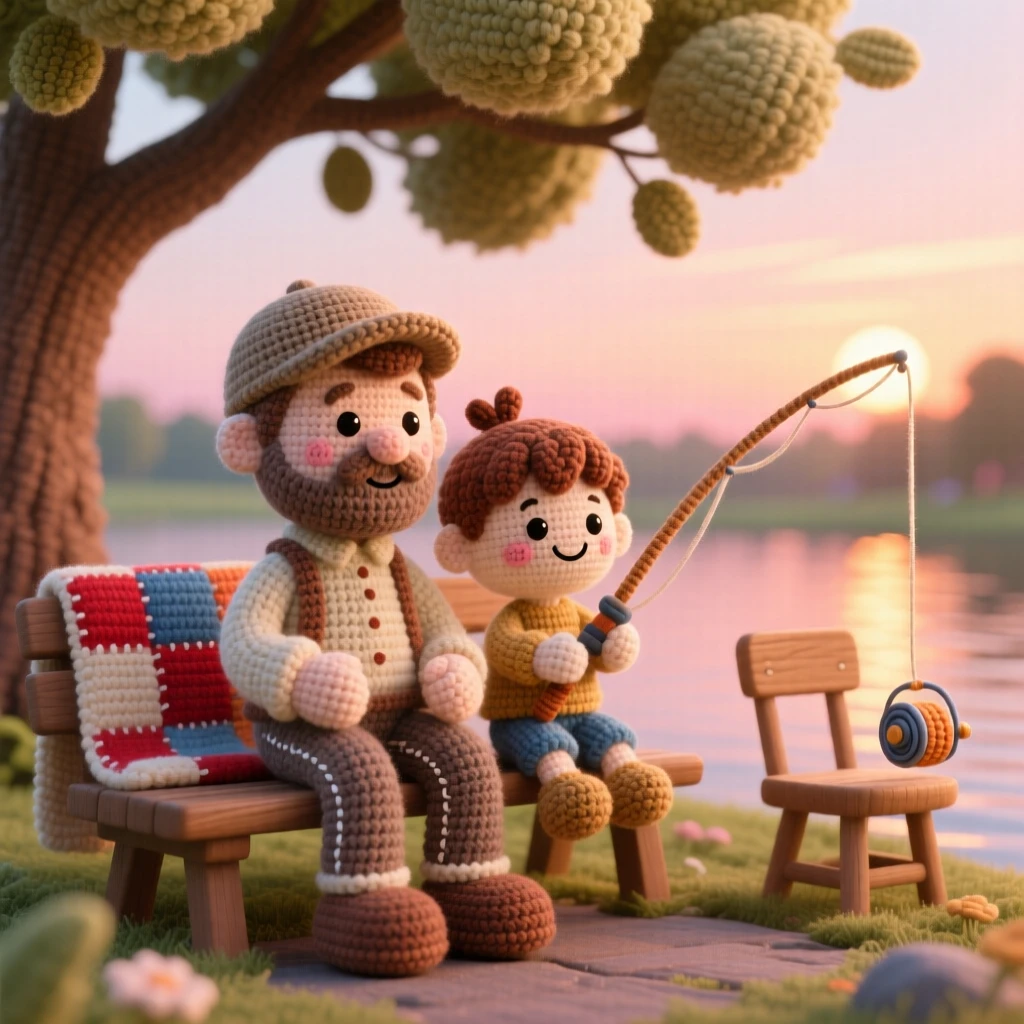 A heartwarming family moment: a father and son fishing together at dawn sharing a single fishing rod, watching the sunrise reflect on the water within a peaceful park bench beneath a shady tree; a warm quilt draped over a nearby chair nearby, full of heartfelt closeness and shared happiness.