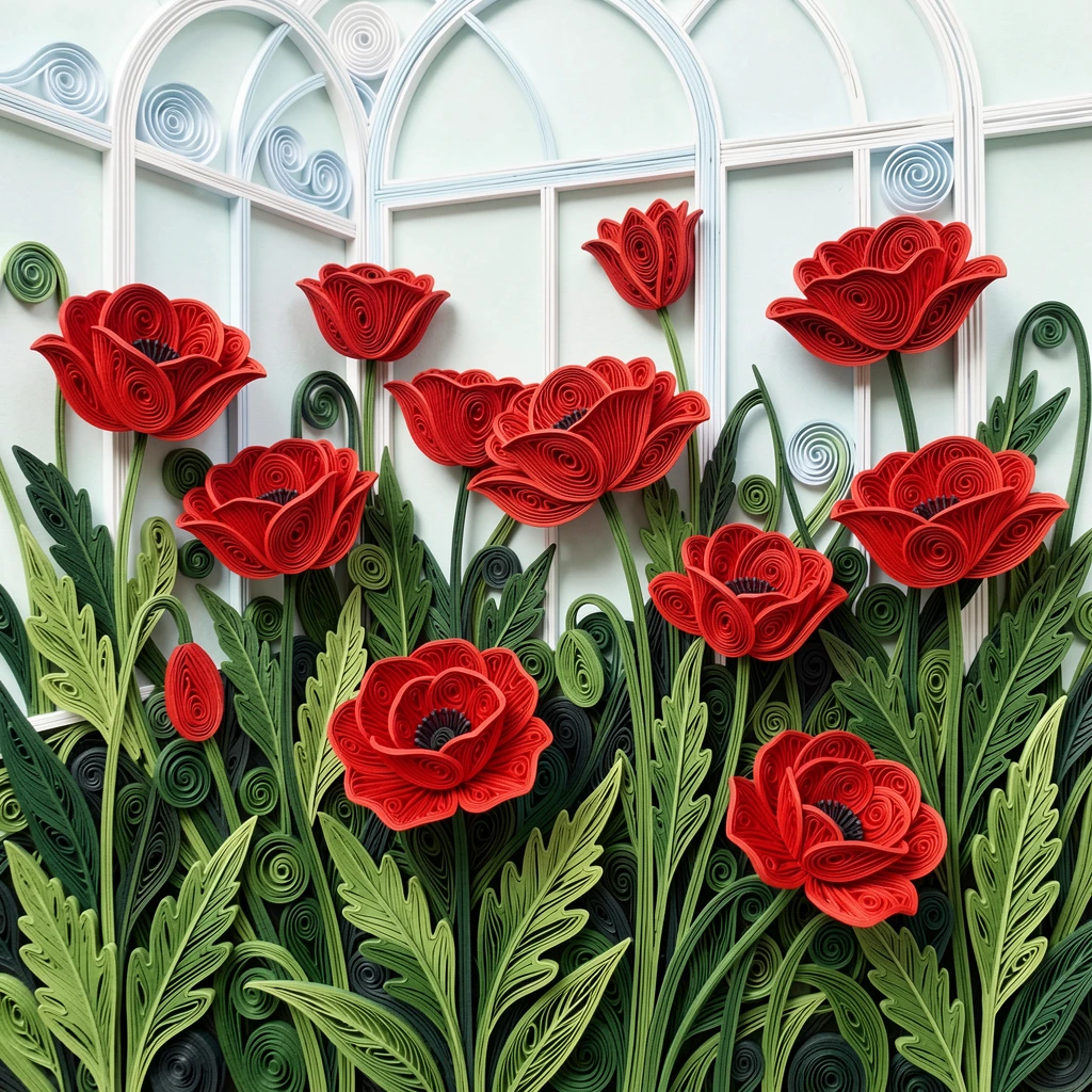 a field of red poppies swaying in the breeze, in a botanical garden conservatory, spread across the frame in a lush, full composition, with delicate veining visible on each leaf.