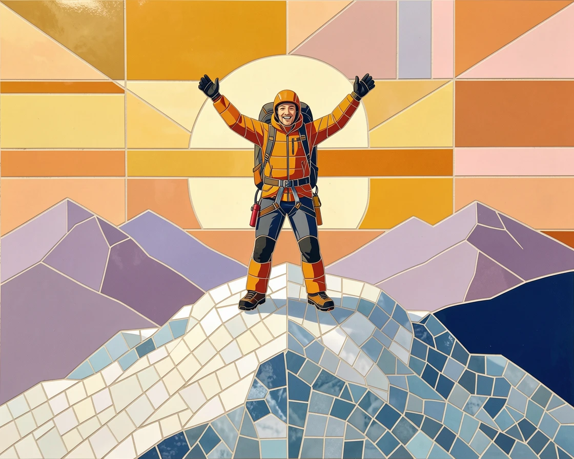 A candid, joyful moment of a mountaineer standing triumphantly atop a snowy peak at sunrise, captured with warm golden light.