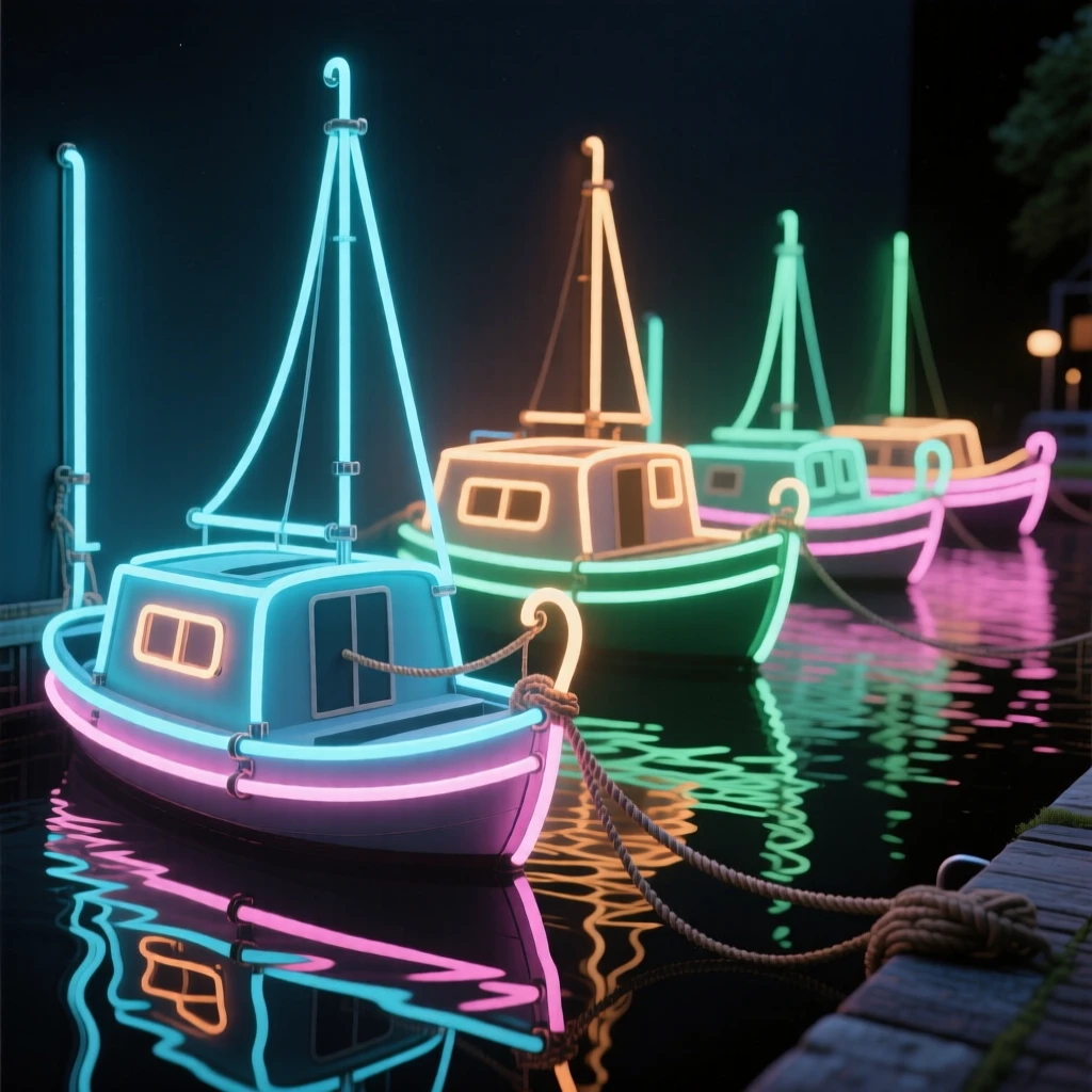 A row of canal boats moored along a quiet waterway.