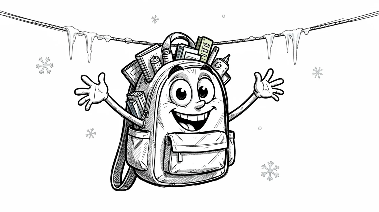 A backpack stuffed full and grinning at the start of a school day on a clothesline in winter.