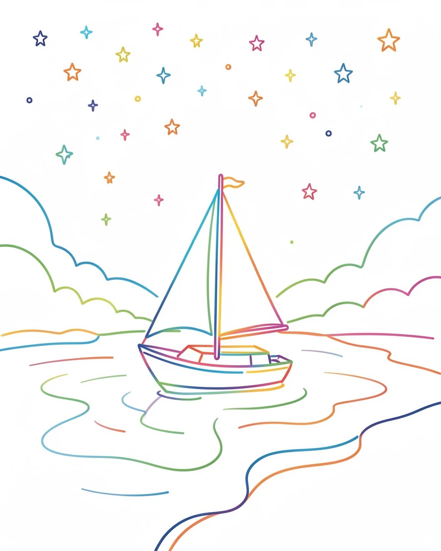 A single sailboat anchored in a quiet cove beneath a starlit sky.