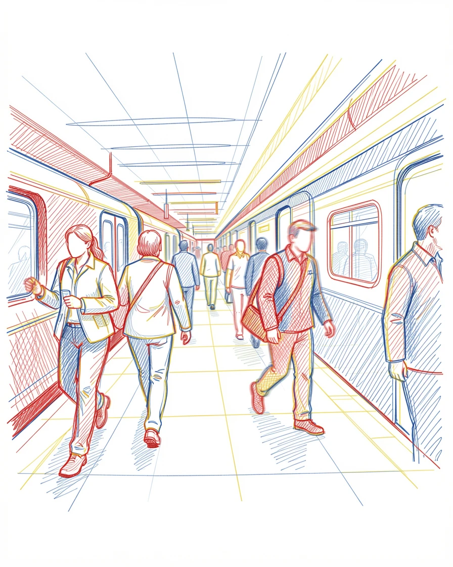 A busy subway platform with commuters rushing past in soft motion blur