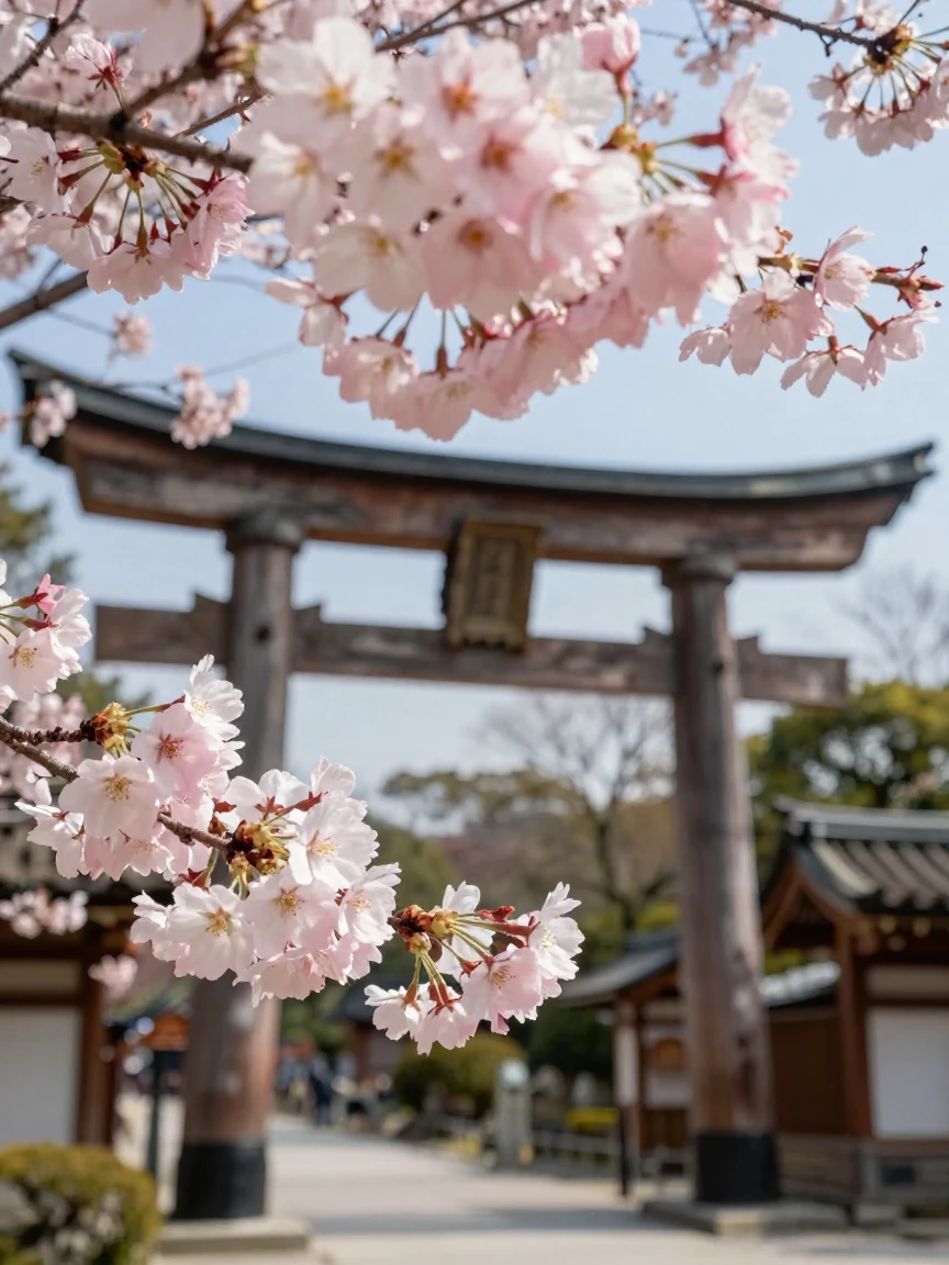 A cluster of cherry blossoms framing a temple gate