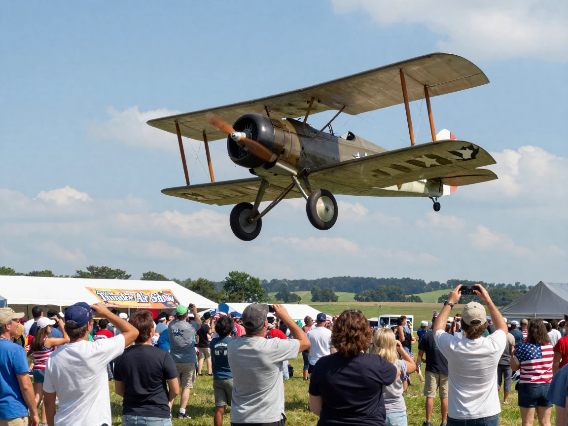 A vintage biplane performs a slow loop over a crowd at an air show.