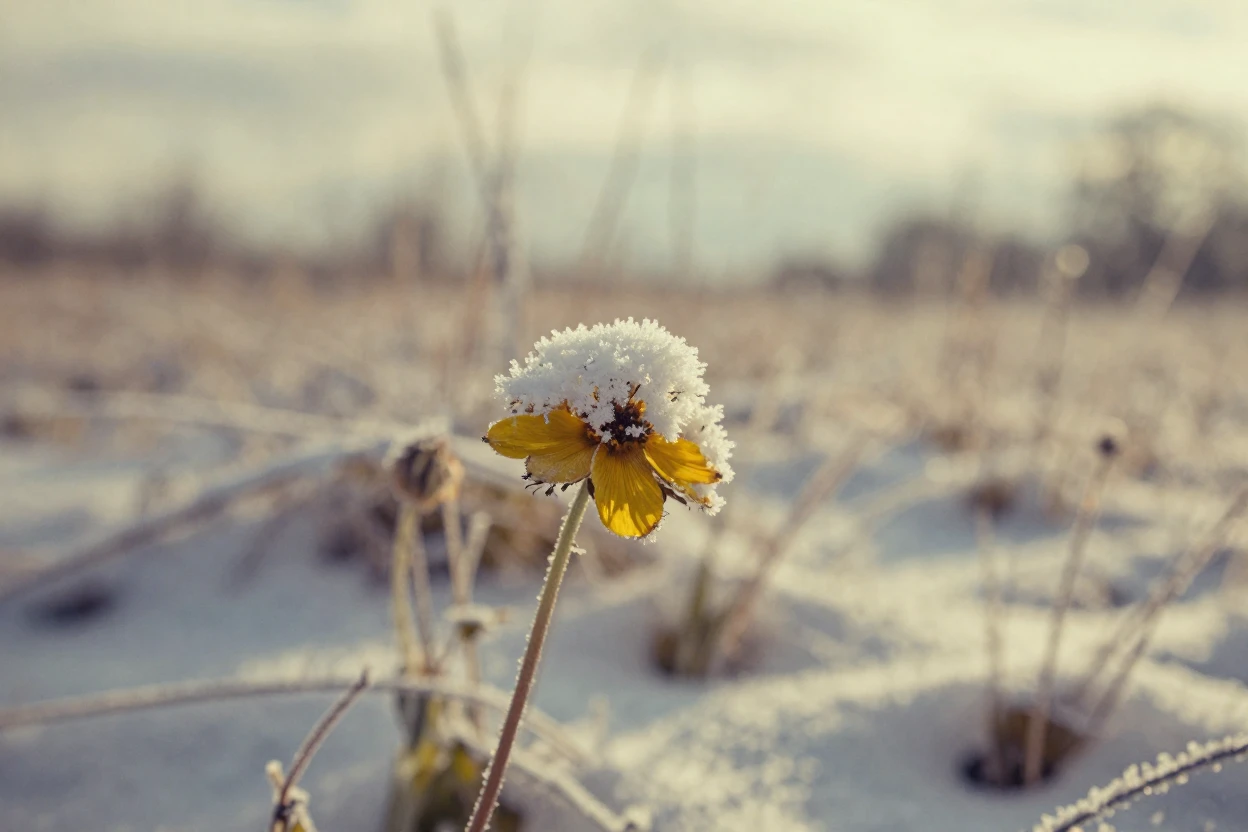 A photographer crouched low to capture a wildflower close-up, in gentle diffused daylight, with frost coating every surface, under the first snow of winter, in warm honey and cream tones, captured from a low angle looking up.
