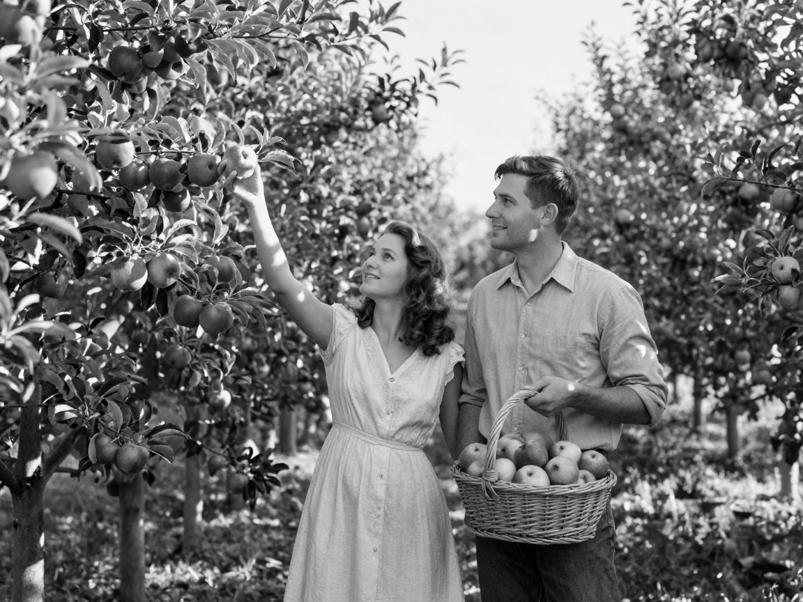 A young couple picks apples together in an orchard beneath rows of laden fruit trees.