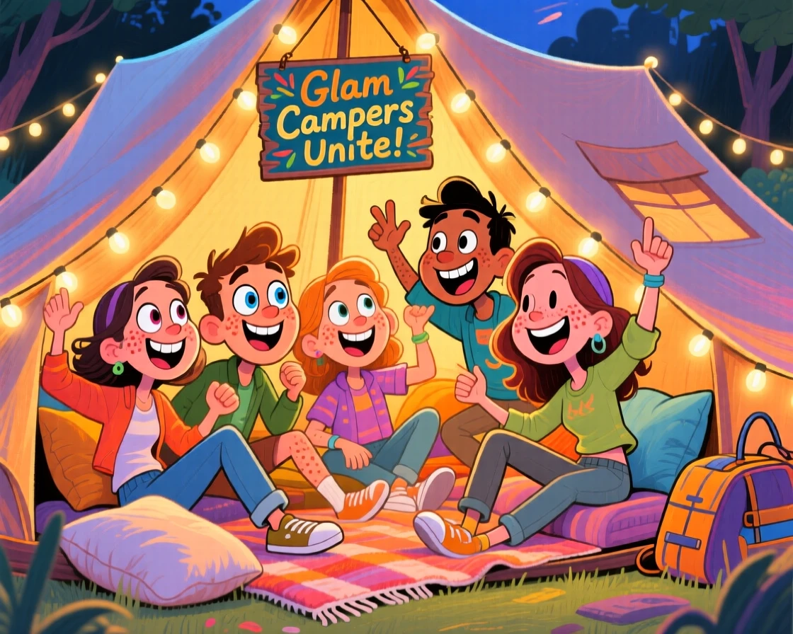 A group of friends camping glamorously in a cozy, string-light-lit tent setup.