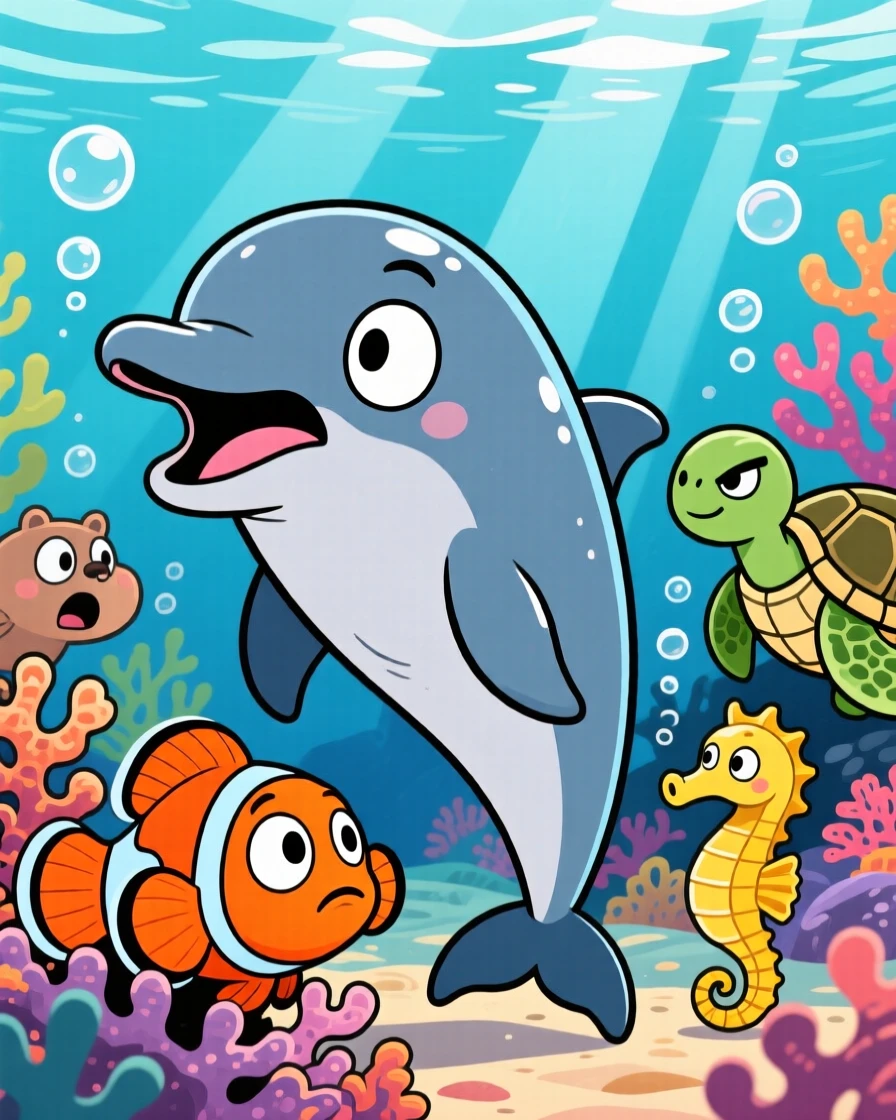 A charming animal moment featuring a playful dolphin reacting with wide-eyed surprise to something offscreen, surrounded by curious onlooking animals.
