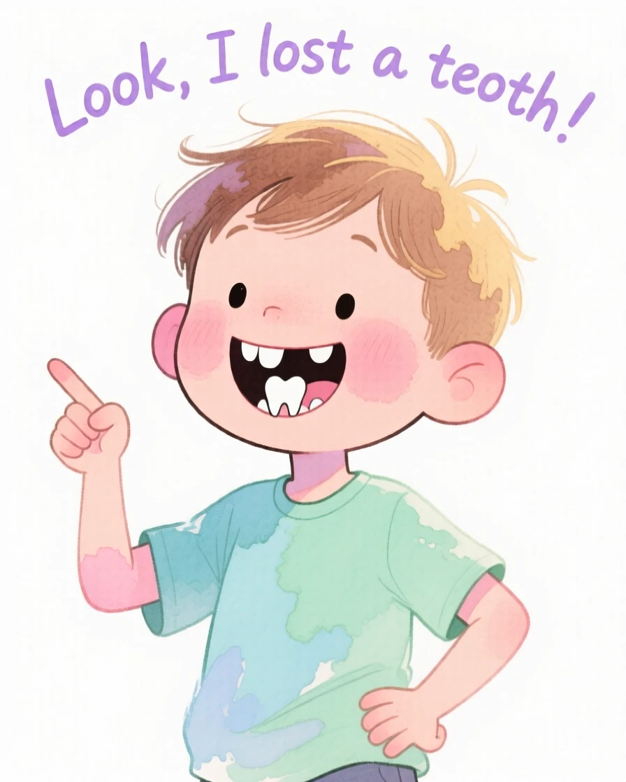 A heartwarming scene of a boy proudly showing off a gap-toothed smile after losing a tooth