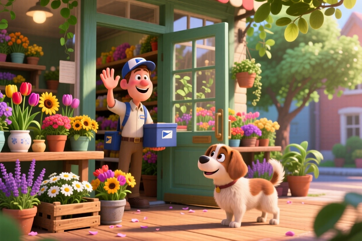 A mail carrier waving to a neighborhood dog is captured inside a small flower shop filled with color, with a light breeze stirring nearby leaves. A quiet, wholesome charm lingers over the moment.