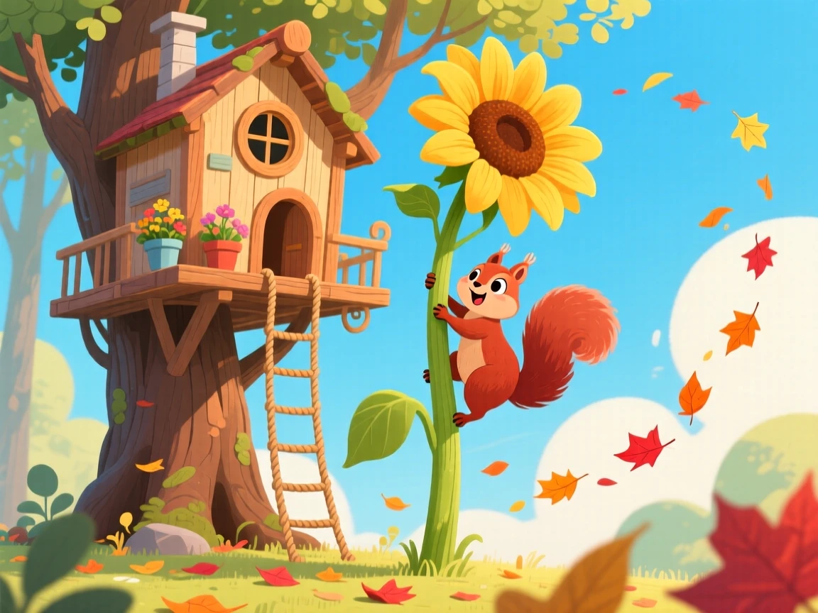 In a cozy treehouse, a bushy-tailed squirrel spends the afternoon climbing a giant sunflower stalk, with a trail of fallen leaves swirling around.