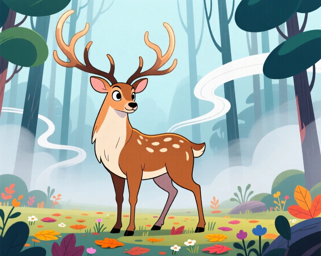 A majestic stag standing proudly in a misty forest clearing.