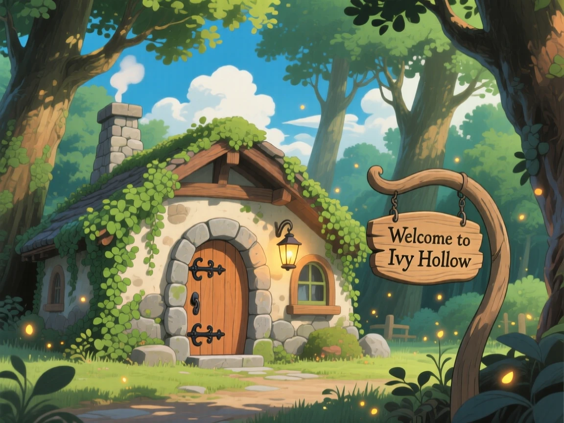A charming view of a cozy stone cottage with a round wooden door and ivy-covered walls, framed by tall trees and drifting clouds.