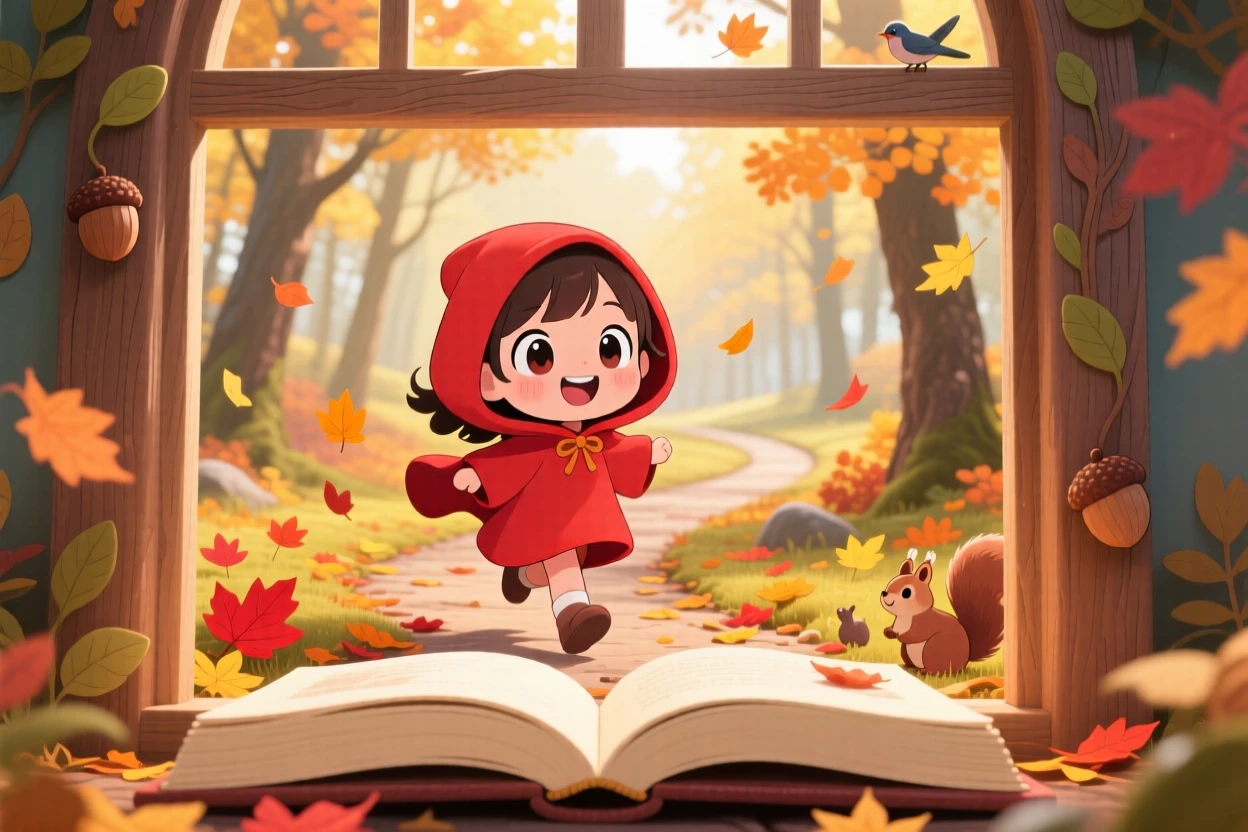 A small girl in a red hooded cloak skipping through a sunlit forest path, framed as a framed through a window within a storybook woodland, during golden autumn harvest season, glowing under diffused overcast light, evoking bubbly enthusiasm.