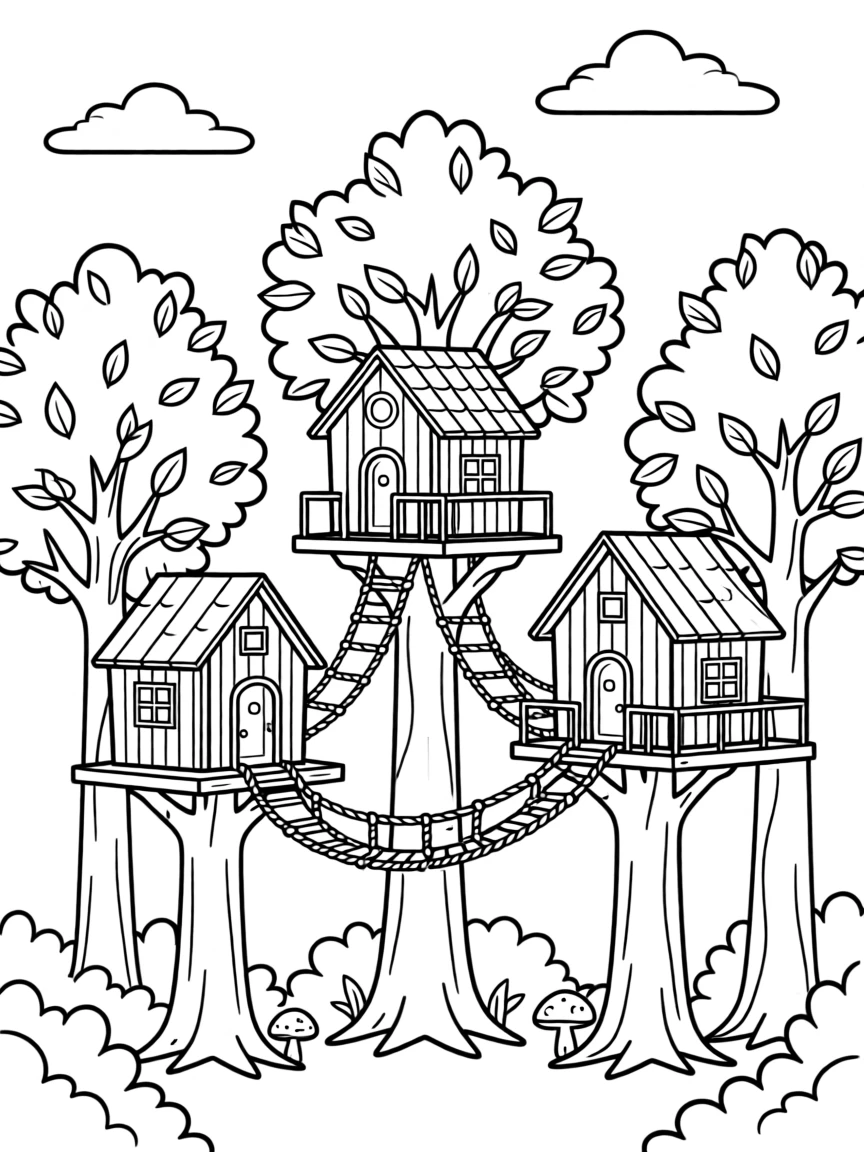 A treehouse village connected by rope bridges high in the forest