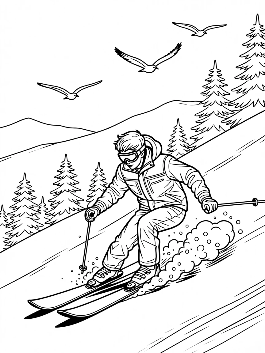 A skier carving fresh powder down a steep slope, with birds circling high above the treetops.