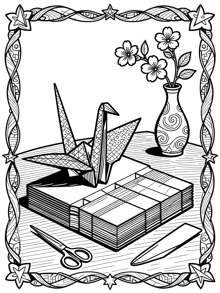 A single paper crane resting beside a folded stack of colorful paper.