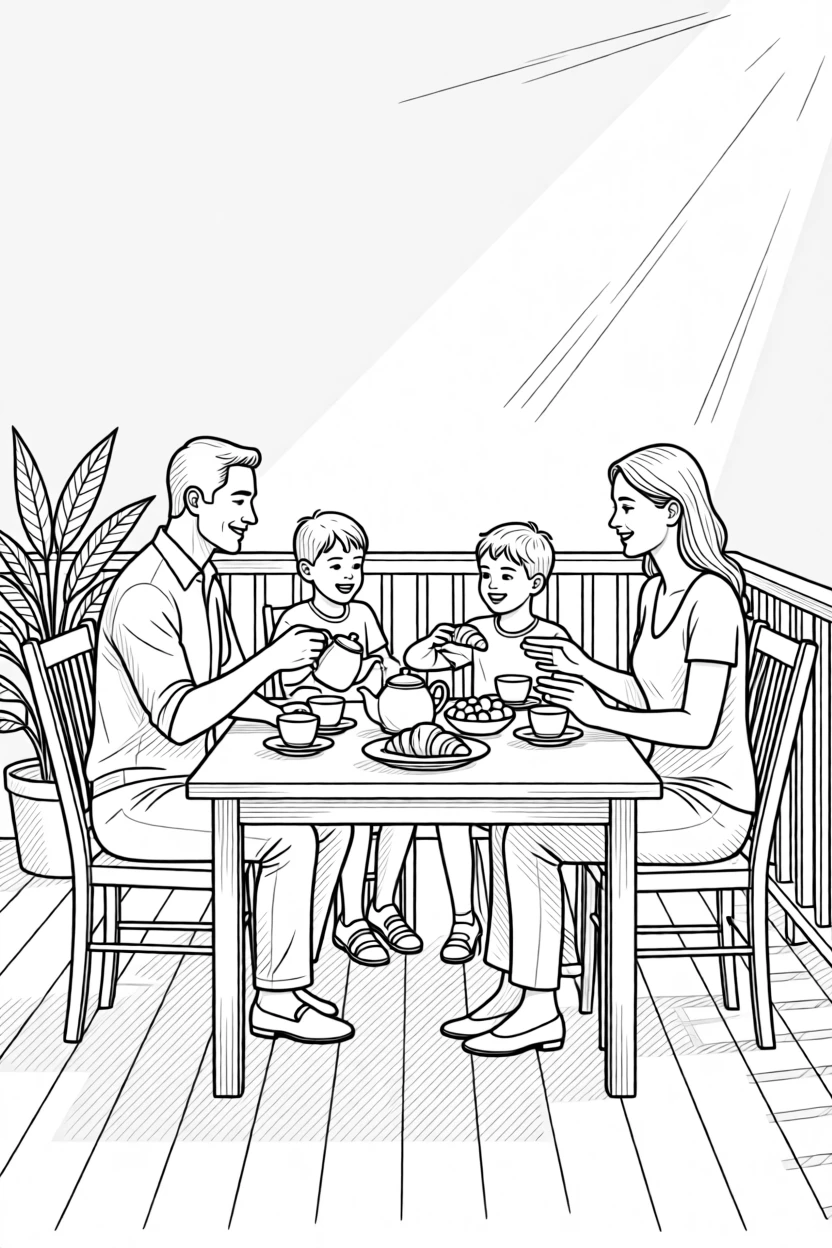 A family enjoying breakfast together on a sunny porch