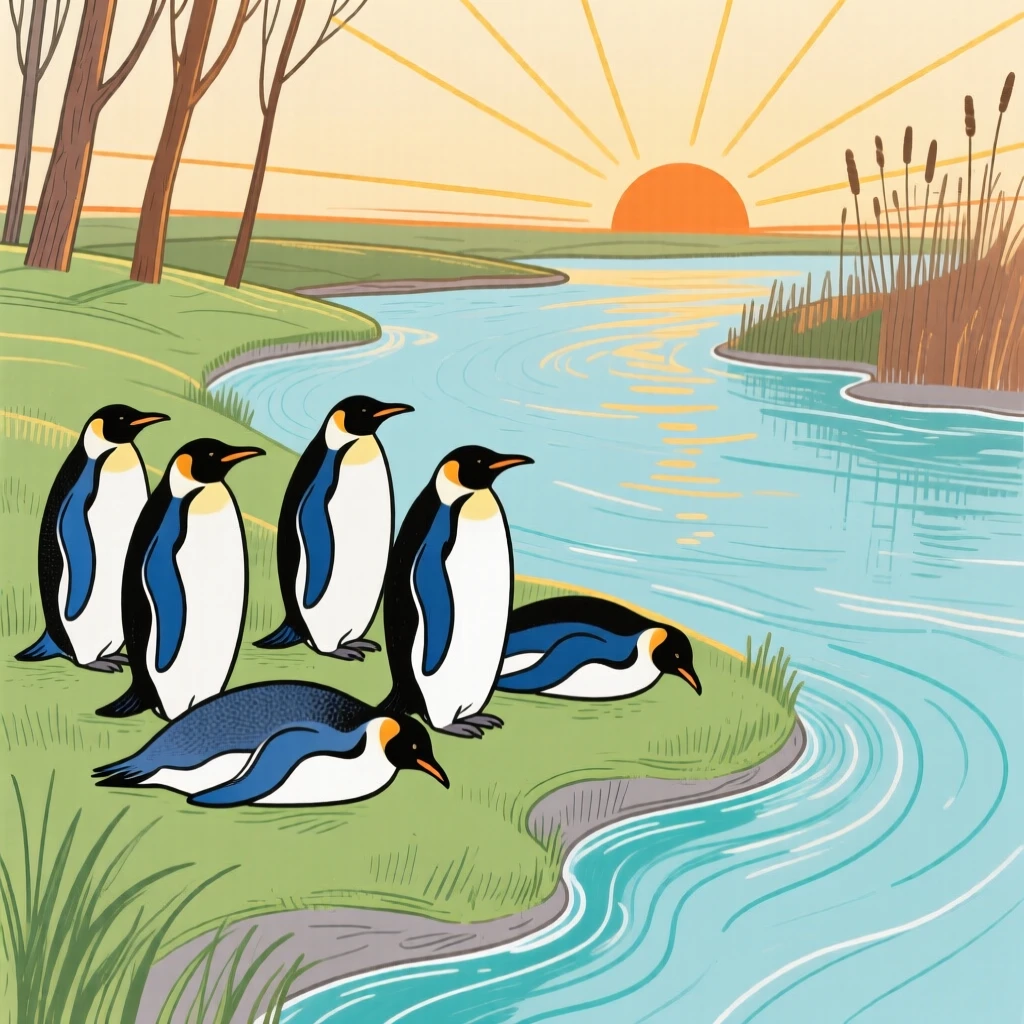 A group of penguins resting along a quiet riverbank at sunrise.