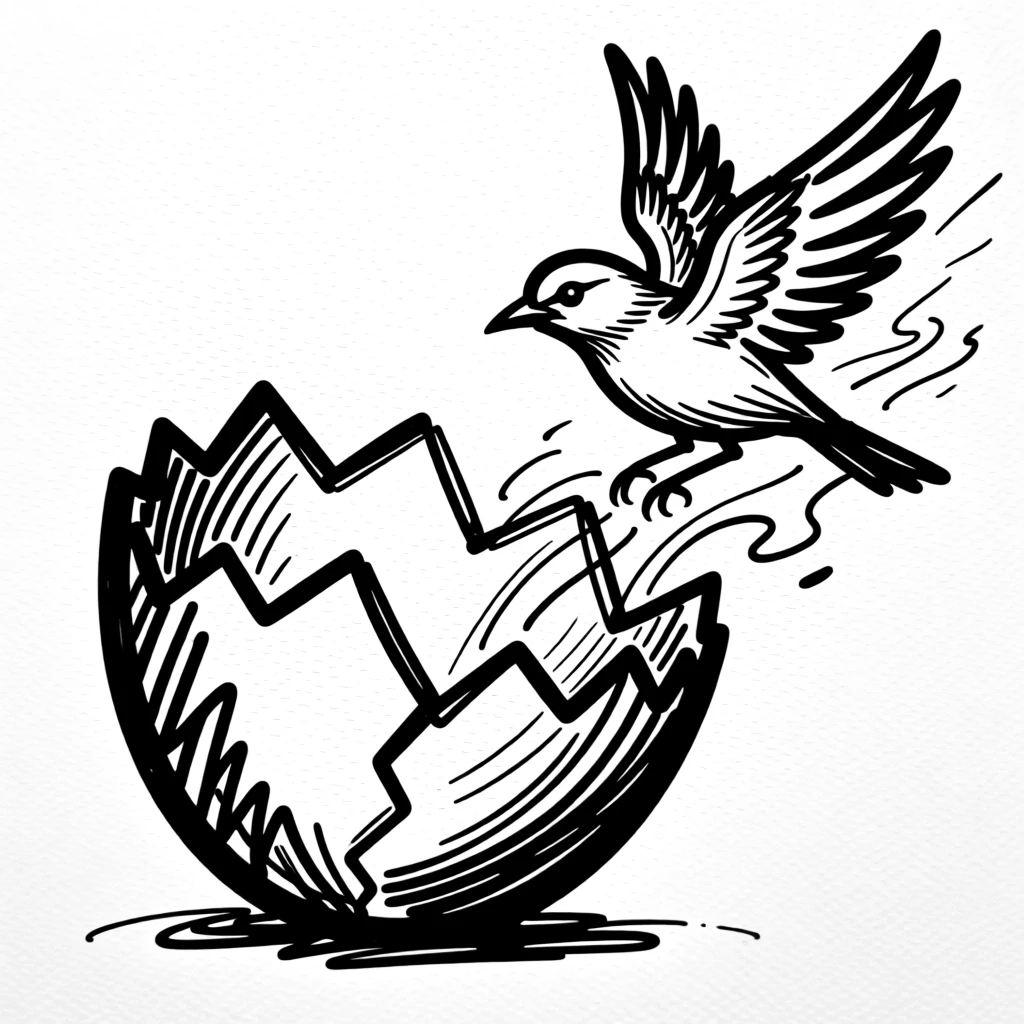 A cracked eggshell revealing a small bird about to take its first flight.