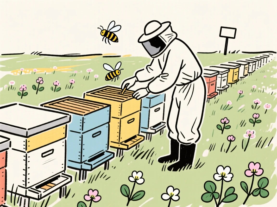 A beekeeper checking a row of hives beside a blooming clover field.