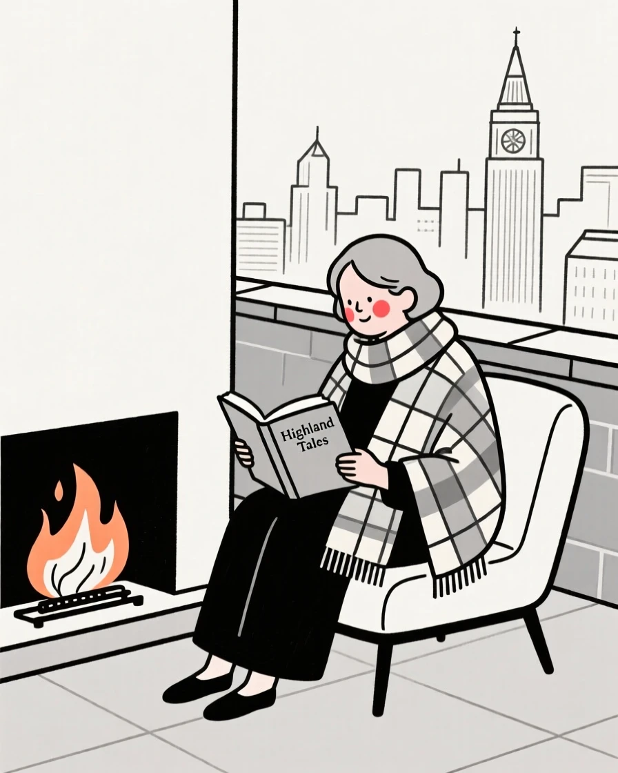 A mother of Scottish heritage reading a book by a fireplace, on a rooftop overlooking the city.
